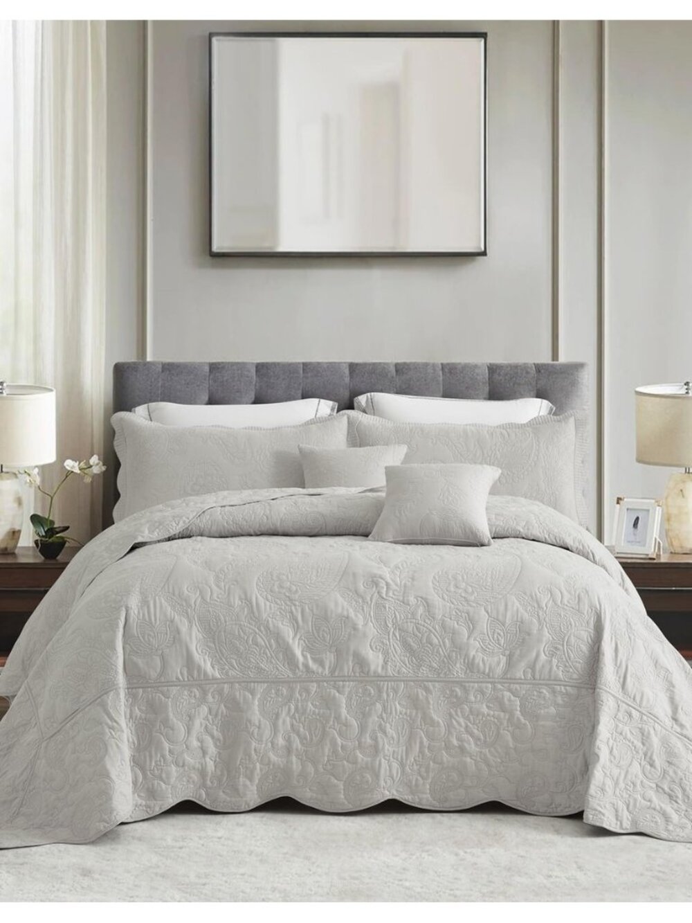 Oversized King Bedspreads, Cotton Paisley, Grey